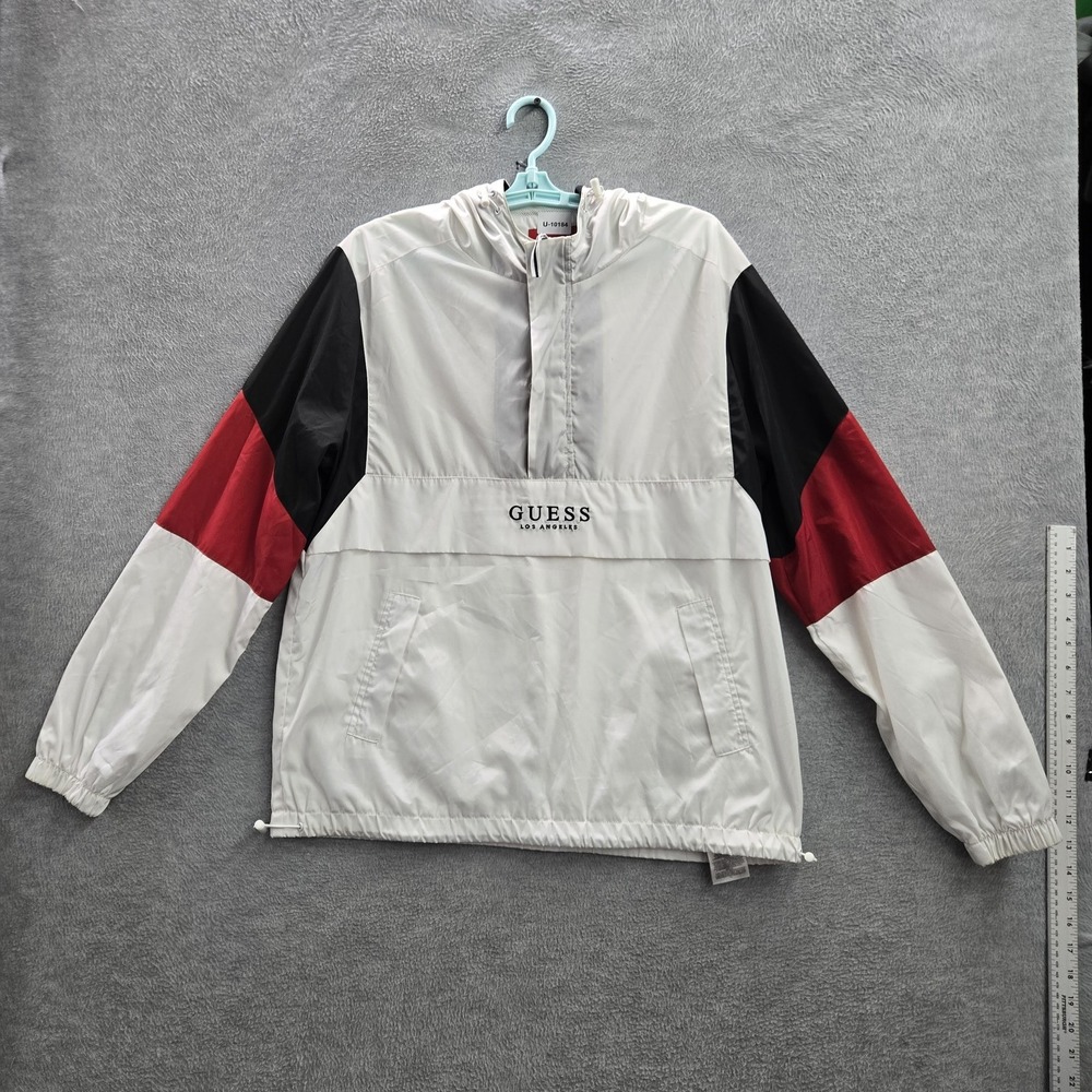 GUESS Men Hoodie M‎ White Windbreaker Jacket Colorblock Logo Text Activewear